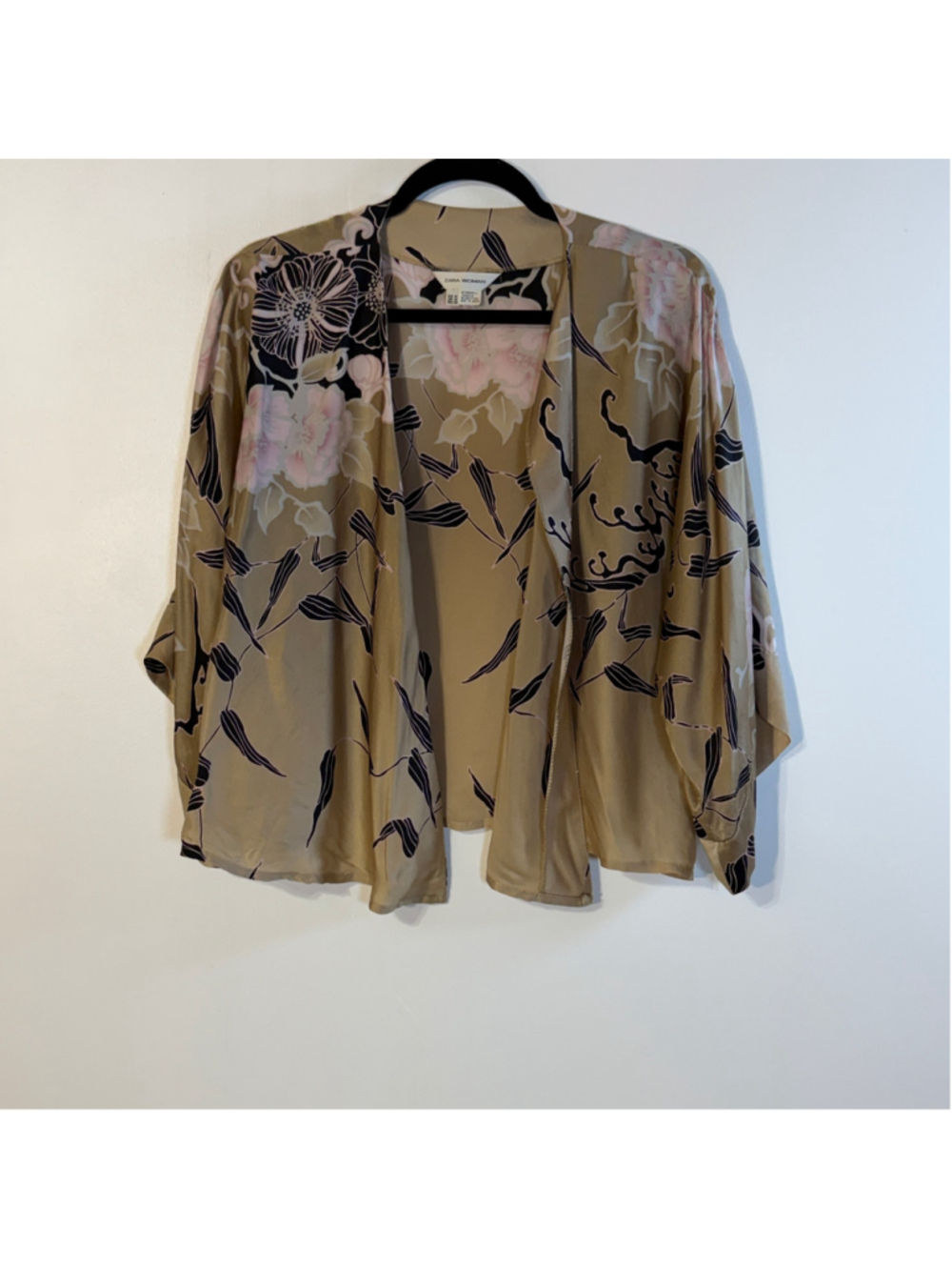 ZARA 100% Silk Kimono Jacket Women’s Medium Brown Floral Pink Open Front Cropped